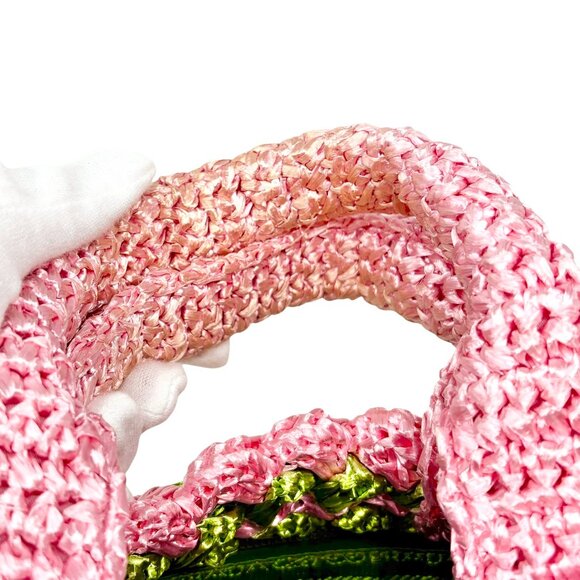 PRADA Vintage Logo Raffia Mini Tote Bag Pink Green Polyethylene [105145] - Picture 7 of 11